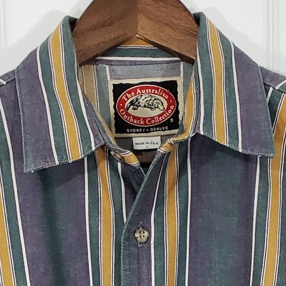 Australian Outback Men's Long Sleeve Button Up Shirt Large Grey/Yellow Stripe - Picture 1 of 3